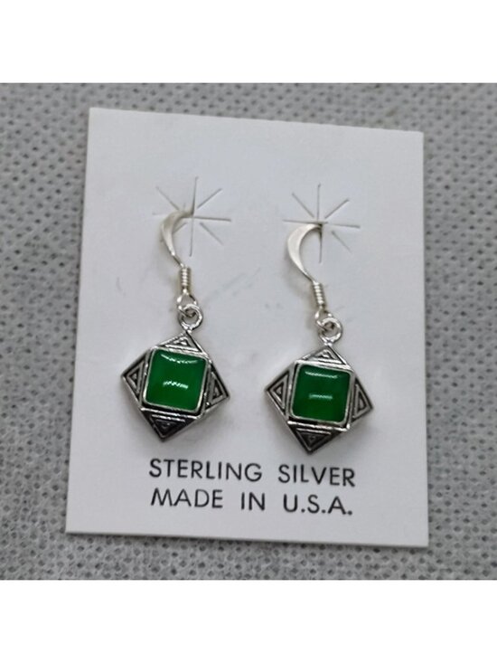 Green Onyx 925 Sterling Silver Dangle Earrings Made in USA New on Card - Picture 3 of 4